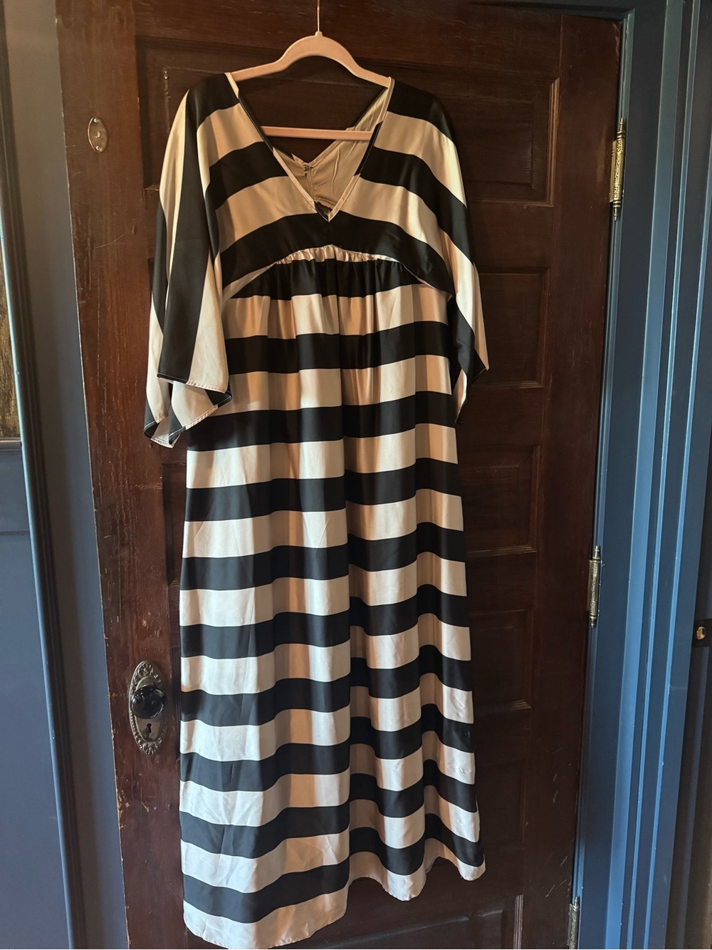 Striped V-Neck Maxi Dress in Black and Cream